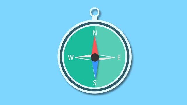 compass animation moving over a transparent background, looping video of a green compass with its needle moving to find direction, illustration has a flat design style