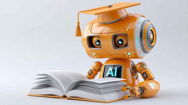 Robot learns from book while wearing graduation cap, showing role of technology in education and future learning Generative AI