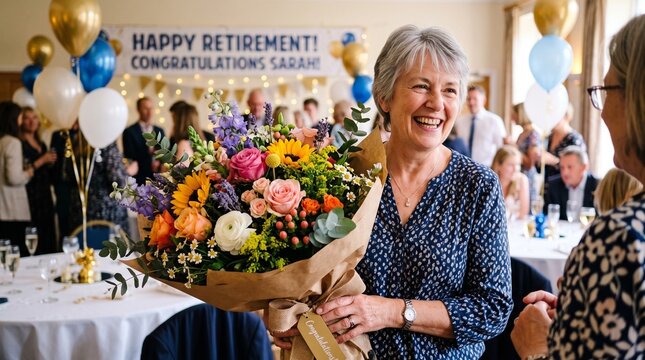 Happy retirement party with senior woman holding flower bouquet