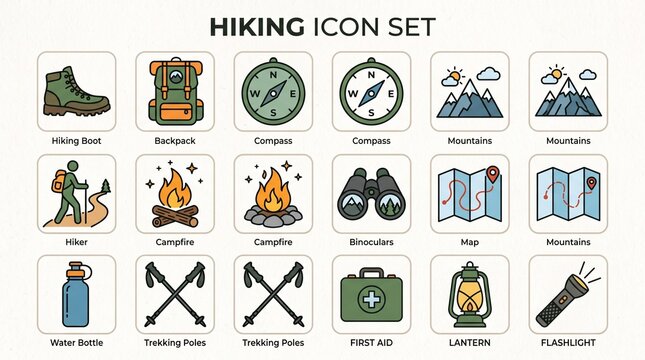 Hiking and camping line icon set for outdoor adventure