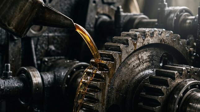 Amber motor oil pouring onto industrial gears. Lubricating metal machine parts for maintenance.