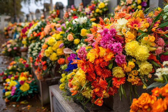 On the occasion of Toussaint, France, hommage to the deceased was shown by the placement of many bouquets of frayed and multicolored flowers on tombes in the cemetery.
