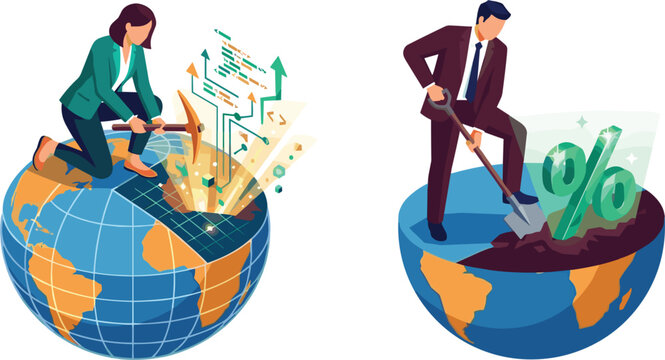 Global Business Data Mining and Financial Investment Concept Vector Illustration with Businesspeople Extracting Code and Percentage Symbols From Earth Globes