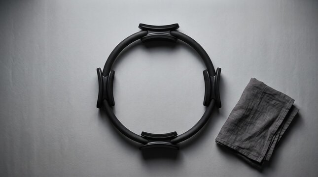 Black pilates ring on yoga mat. Fitness equipment for core strength and muscle toning.