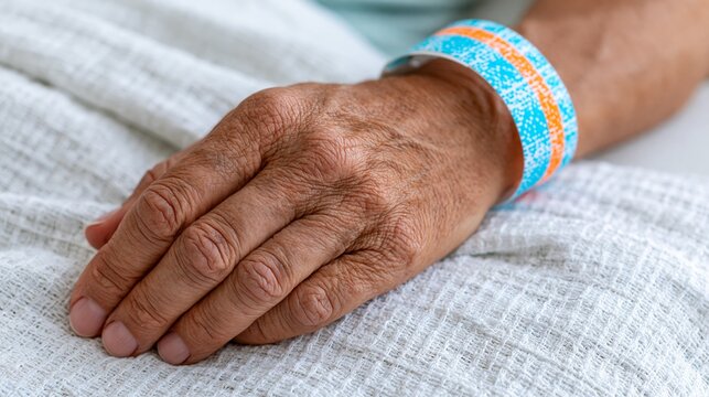 Patient hand resting on hospital bed with identification wristband showing healthcare setting and medical treatment Generative AI