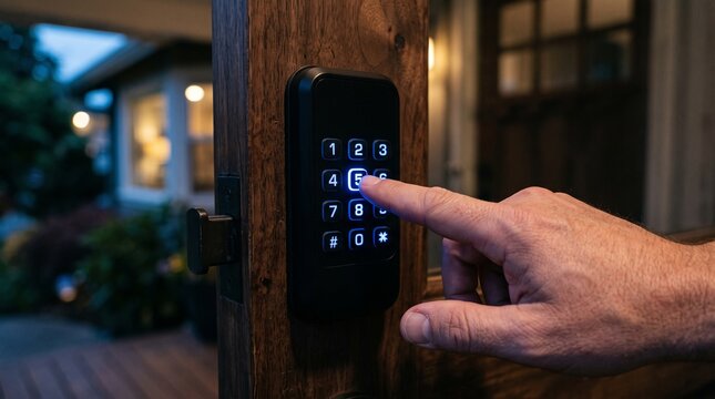Hand pressing digital keypad on door. Person entering security code on smart home lock.