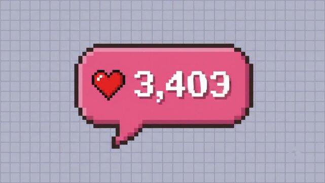 Vibrant 8-bit pixel art animation of a pink social media speech bubble icon with rapidly increasing follower numbers, retro gaming aesthetic digital counter notification symbol on alpha channel.