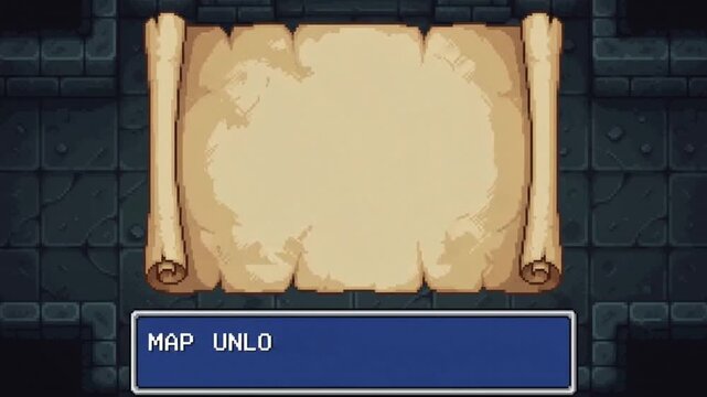 Pixelated Retro RPG Game Interface Showing an Animated Ancient Opening Parchment Scroll, Vintage Weathered Old Paper Item, 8-Bit Style Looped Motion Illustration for Gaming UI Design