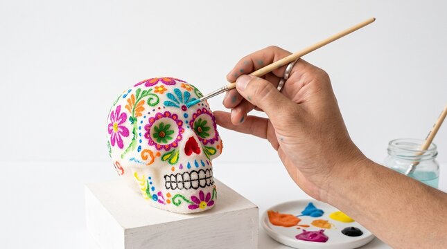 Person painting a colorful sugar skull with a brush and paints