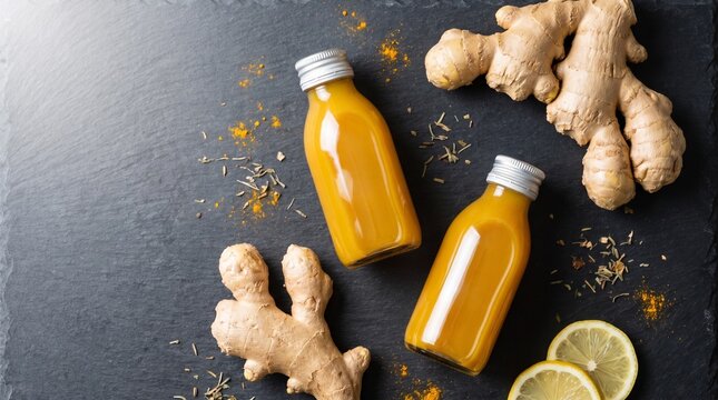 Bottles of fresh ginger juice. Organic ginger root shots for healthy immune system boost.