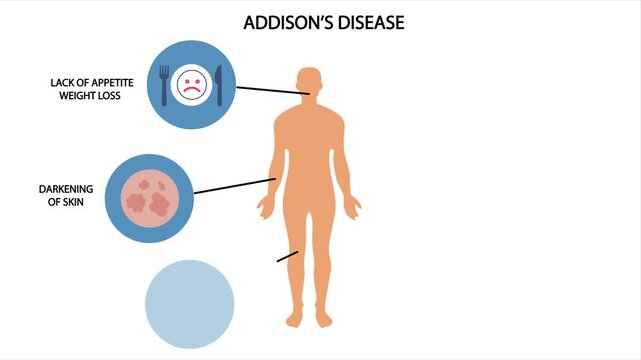 Medical vector illustration and animation showing Addison&rsquo;s disease with adrenal insufficiency symptoms including skin hyperpigmentation, fatigue, appetite loss, weight reduction, gastrointestinal 