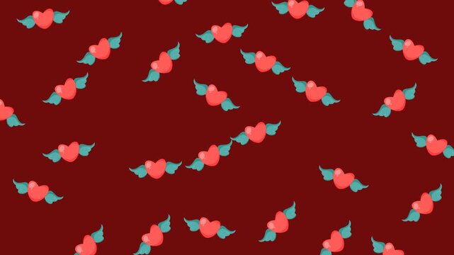 Valentine pattern with flying winged hearts on dark red background for festive holiday decor
