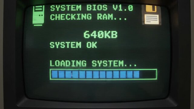 Retro 8-bit Pixel Art Animation of a Vintage Computer Screen Booting Up Sequence with Loading Text and Glitch Effects in Seamless Loop 4K Resolution 30fps
