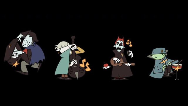 Cute Halloween vampire dracula music band playing instruments, retro vintage cartoon character loop video with transparent background alpha channel