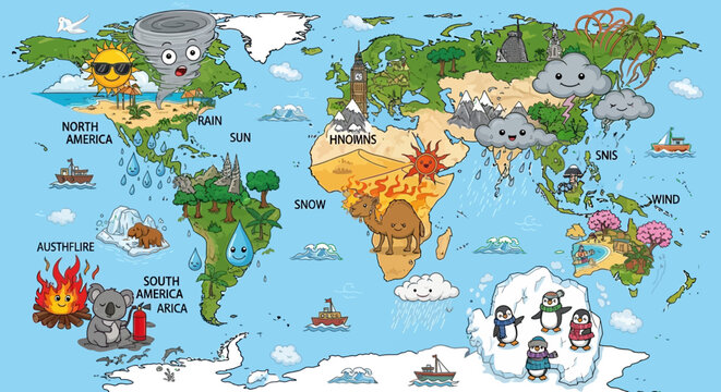 World map displays cartoon animals and weather symbols across different continents to represent global climate zones.