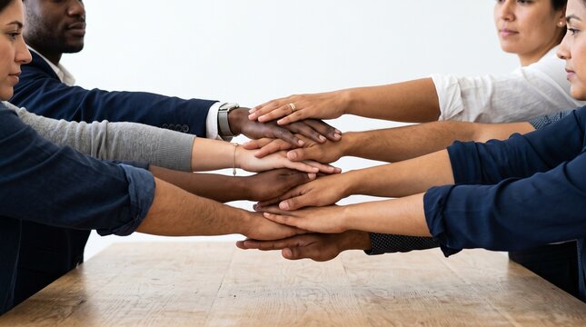 Diverse group of people stacking hands together in a sign of unity and teamwork
