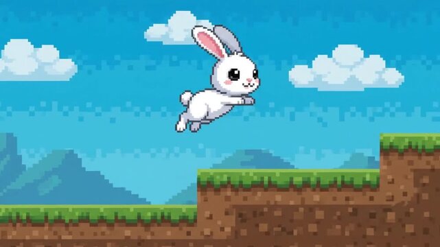 Adorable 8-bit pixel art bunny character jumping in a retro video game style animation, cute white rabbit hopping sequence on isolated background, nostalgic gaming aesthetic graphics 4K resolution.