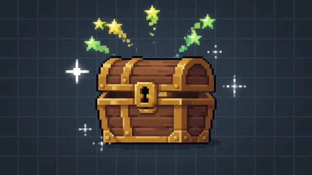 Retro 8-bit Pixel Art Animation of a Glowing Treasure Chest Sparkling with Golden Light and Shimmering Gems for Video Game Reward Visuals in High Quality 4K Digital Graphics