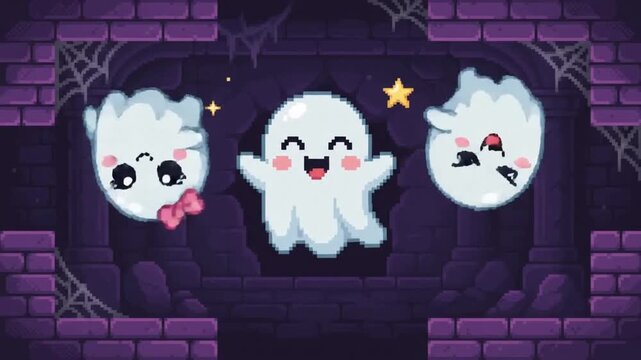 Adorable retro pixel art animation of three cute baby ghost sprites floating in space, nostalgic vintage gaming style spooky spirit phantoms digital character design for video game graphics.