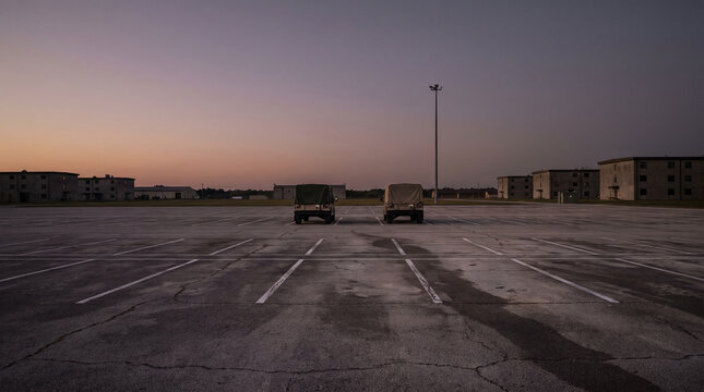 Empty garrison yard at dusk, vacant parking bays, defense concept 