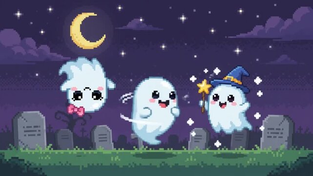 Retro Eight Bit Style Pixel Art Animation of Three Adorable Spooky Baby Ghosts Floating in a Dark Haunted Background Digital Graphic Illustration for Gaming and Halloween Concept