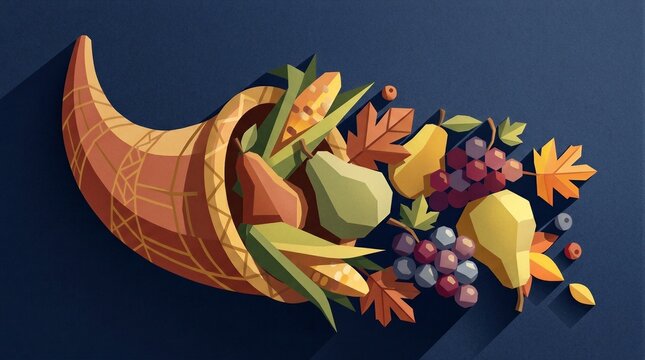 Low poly cornucopia filled with autumn harvest fruits on blue background thanksgiving celebration food abundance