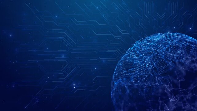 Blue Digital Globe with Circuit Network Background, A blue dotted globe rises beside circuit paths and stars, suited to global technology, communication, finance, data, and business presentations.