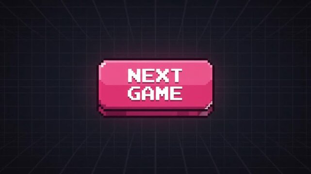 Retro 8-bit pixel art pink next game button interface element, magenta user interface sprite for gaming, seamless looped animation of digital interactive control graphic in 4K resolution.