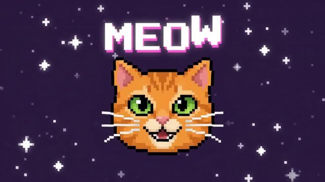 Animated 8-bit pixel art illustration featuring a cute cat face accompanied by stylized meow typography text in a retro gaming aesthetic high definition digital design animation loop.