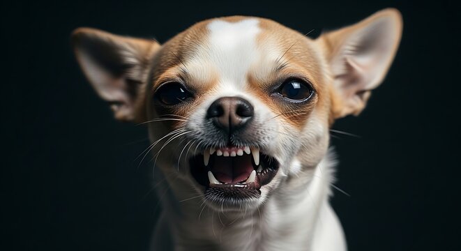 Aggressive chihuahua showing teeth against a black background