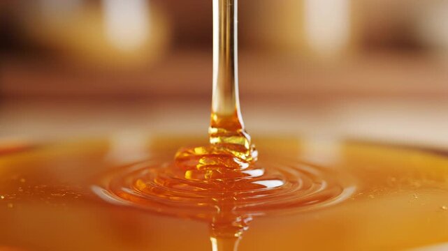 Golden honey pouring and pooling in slow motion