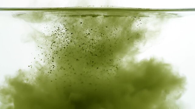 Green matcha powder dispersing and blooming in clear water