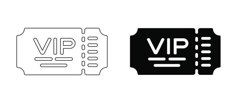 VIP Ticket Icon: A simple and bold graphic representation of a VIP ticket, showcasing both an outline and a solid silhouette. These icons signify exclusive access and special privileges.