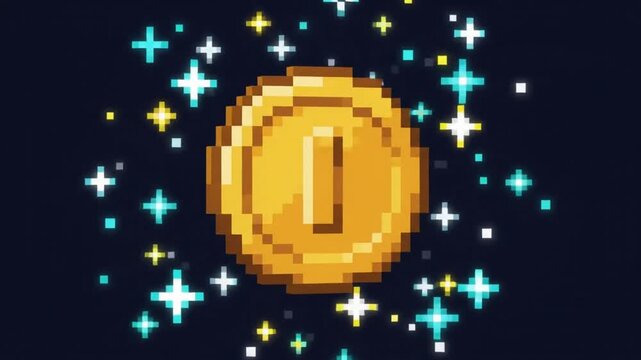 Retro 8-bit pixel art golden coin rotating with shimmering glitter sparkle effects and glowing light glints, vintage video game currency asset animation isolated on black background, 4K loop.