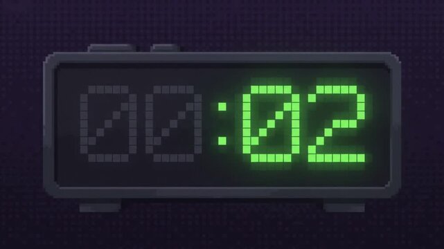Retro 8-bit pixel art digital clock timer animation featuring a looped numeric countdown interface with glowing neon display for gaming and technological aesthetics in 4K resolution quality.