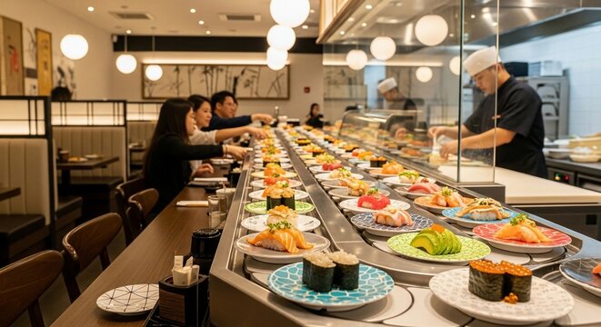Sushi conveyor belt restaurant scene