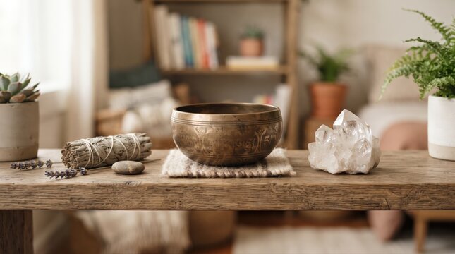 A handcrafted singing bowl, clear quartz crystal, and sage bundle are arranged on a rustic wooden table. This serene composition promotes mindfulness and a tranquil, natural home wellness lifestyle.