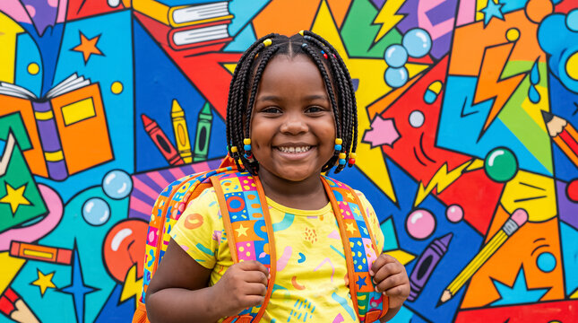 Young girl with backpack smiles brightly