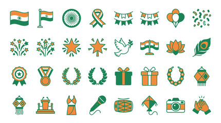 Fototapeta premium Indian Independence Day Celebration Icons: Tricolor Flags, Garland, Kite, Camera, Gifts, Lotus