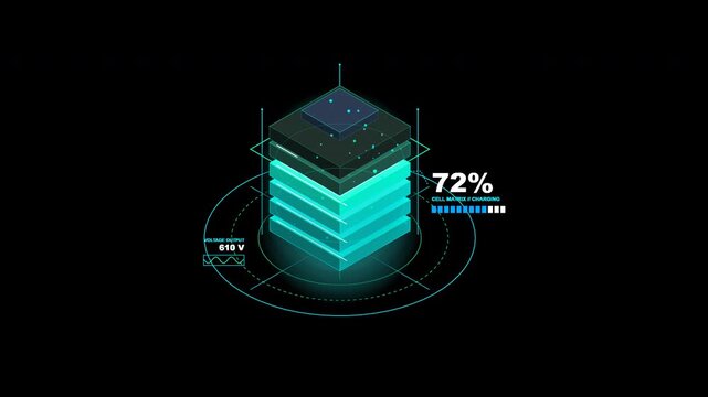 Isometric 3D server database technology icon with glowing data blocks and HUD elements on black background