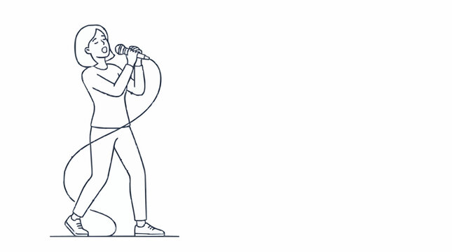 A person enthusiastically singing into a microphone with a wire connected, depicted in a minimalist line art style on a white background, capturing a moment of performance or vocal expression