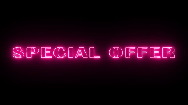 A tilted glowing pink neon sign with the text special offer isolated on a solid dark black background