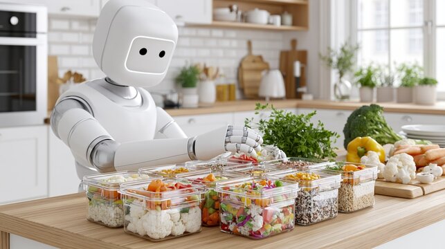 Sleek white humanoid robot portions healthy food in a bright Scandinavian kitchen with colorful vegetables Generative AI