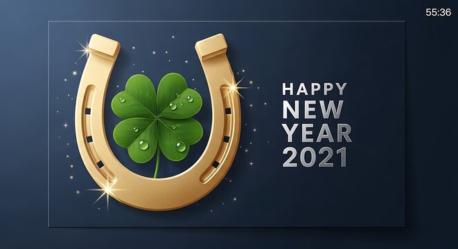 Golden horseshoe and green four leaf clover for luck in new year