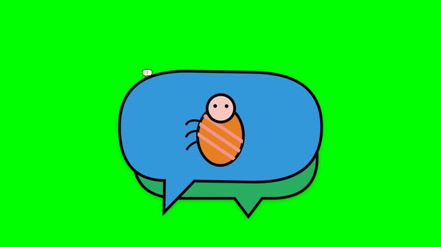 Cute cartoon caterpillar in a blue speech bubble on green background.