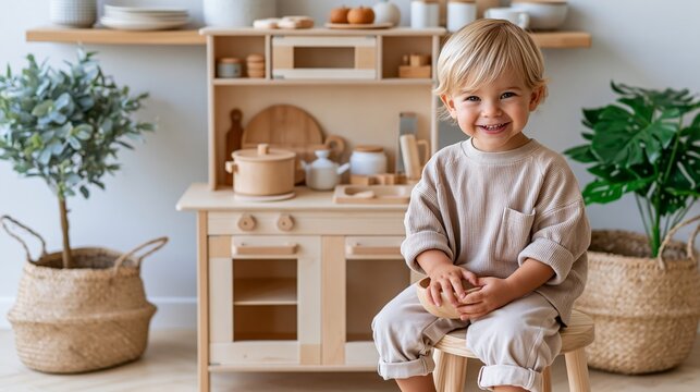 Smiling toddler boy enjoys pretend cooking with wooden toy kitchen in modern home Generative AI