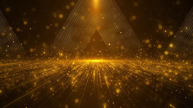 Golden triangular beams converge above a luminous particle floor, forming a dramatic futuristic stage for award intros, brand launches, luxury branding, event openers, logo reveals, and presentations.