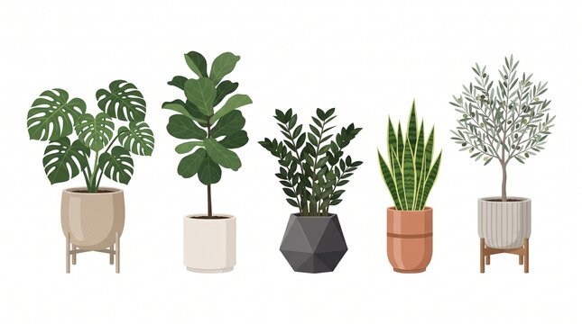 Modern vector collection of decorative indoor plants in contemporary pots, including monstera, fiddle leaf fig, ZZ plant, snake plant and olive tree with minimalist planters for elegant interior decor