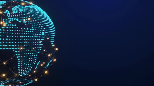 青い点と線で構成された球体を金色の光が巡るグローバルビジネス網の映像