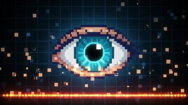 Digital Blue Eye Biometric Scanning Icon in Retro Pixel Art Style, Cyber Security Vision Symbol for Identification and Authentication, Electronic Pupil Monitoring Graphic on Dark Background.